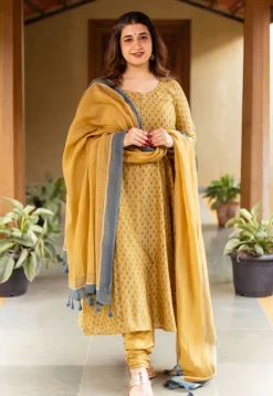 Akrita Mustard Ajrakh Chanderi Silk Kali Kurta with Hand Embroidery