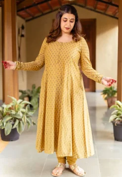 Akrita Mustard Ajrakh Chanderi Silk Kali Kurta with Hand Embroidery