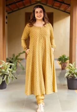 Akrita Mustard Ajrakh Chanderi Silk Kali Kurta with Hand Embroidery