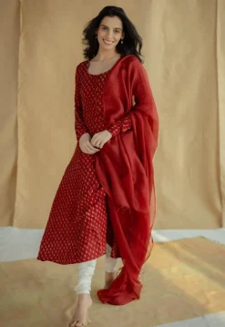 Akrita Red Ajrakh Moss Cotton Kali Kurta