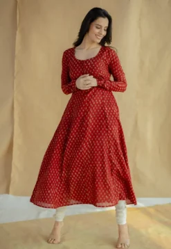 Akrita Red Ajrakh Moss Cotton Kali Kurta