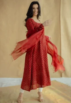Akrita Red Ajrakh Moss Cotton Kali Kurta