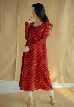 Akrita Red Ajrakh Moss Cotton Kali Kurta
