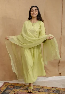 Akshara Mulmul Cotton Lime Kurta Set (Set of 3)