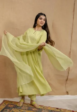 Akshara Mulmul Cotton Lime Kurta Set (Set of 3)