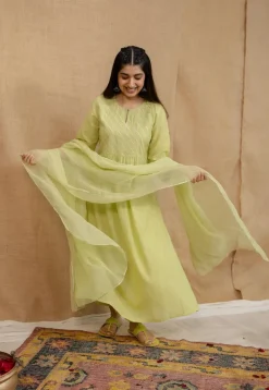 Akshara Mulmul Cotton Lime Kurta Set (Set of 3)