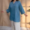 Alisha Indigo Dabu Slub Cotton Straight Short Top with Embroidery