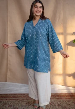 Alisha Indigo Dabu Slub Cotton Straight Short Top with Embroidery