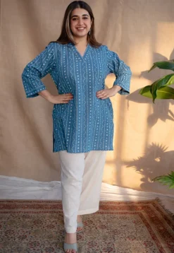 Alisha Indigo Dabu Slub Cotton Straight Short Top with Embroidery