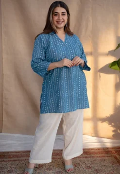 Alisha Indigo Dabu Slub Cotton Straight Short Top with Embroidery