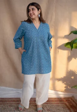 Alisha Indigo Dabu Slub Cotton Straight Short Top with Embroidery