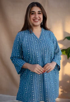 Alisha Indigo Dabu Slub Cotton Straight Short Top with Embroidery