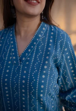 Alisha Indigo Dabu Slub Cotton Straight Short Top with Embroidery