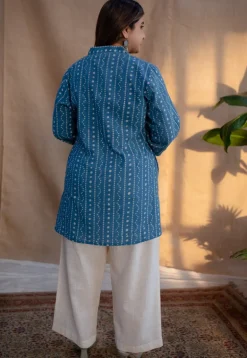 Alisha Indigo Dabu Slub Cotton Straight Short Top with Embroidery