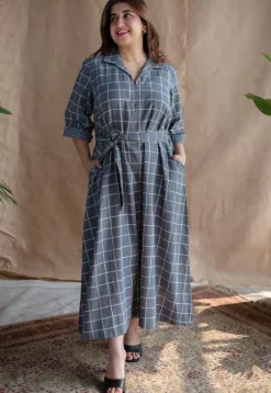 Alzira Grey Dabu Slub Cotton A Line Dress with Embroidery