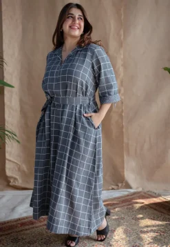 Alzira Grey Dabu Slub Cotton A Line Dress with Embroidery