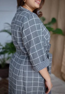 Alzira Grey Dabu Slub Cotton A Line Dress with Embroidery