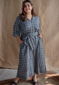 Alzira Grey Dabu Slub Cotton A Line Dress with Embroidery