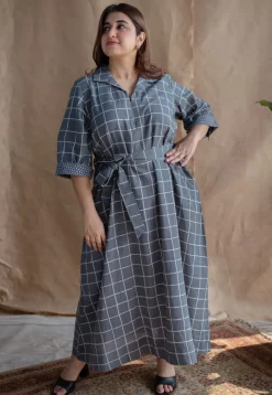 Alzira Grey Dabu Slub Cotton A Line Dress with Embroidery