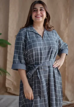 Alzira Grey Dabu Slub Cotton A Line Dress with Embroidery