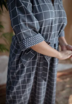 Alzira Grey Dabu Slub Cotton A Line Dress with Embroidery