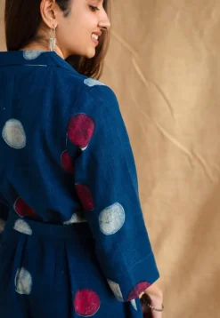 Alzira Navy Blue Dabu Slub Cotton A Line Dress with Embroidery