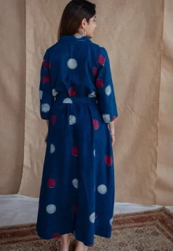 Alzira Navy Blue Dabu Slub Cotton A Line Dress with Embroidery