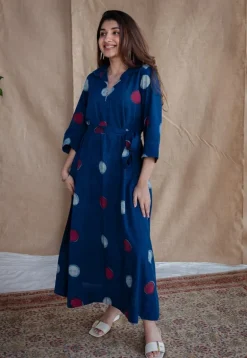 Alzira Navy Blue Dabu Slub Cotton A Line Dress with Embroidery