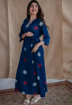 Alzira Navy Blue Dabu Slub Cotton A Line Dress with Embroidery