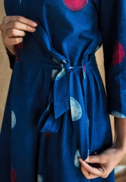 Alzira Navy Blue Dabu Slub Cotton A Line Dress with Embroidery