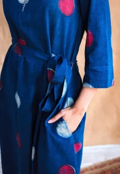 Alzira Navy Blue Dabu Slub Cotton A Line Dress with Embroidery