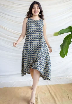 Amaja Blue Ajrakh Cotton A Line Dress