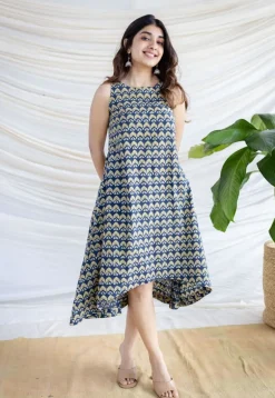 Amaja Blue Ajrakh Cotton A Line Dress