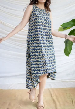 Amaja Blue Ajrakh Cotton A Line Dress