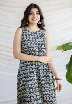 Amaja Blue Ajrakh Cotton A Line Dress
