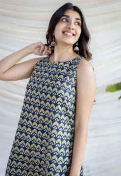 Amaja Blue Ajrakh Cotton A Line Dress