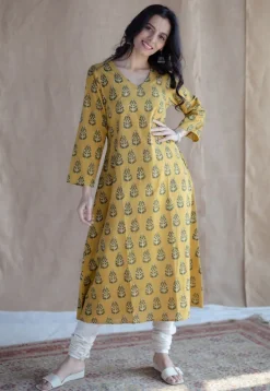 Anamika Mustard Ajrakh Cotton A Line Kurta