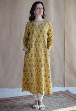 Anamika Mustard Ajrakh Cotton A Line Kurta