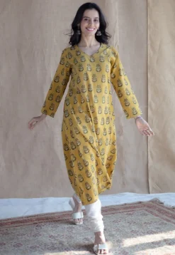 Anamika Mustard Ajrakh Cotton A Line Kurta