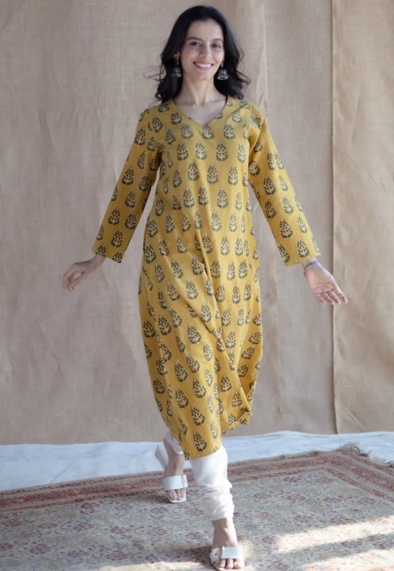 Anamika Mustard Ajrakh Cotton A Line Kurta