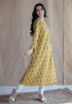 Anamika Mustard Ajrakh Cotton A Line Kurta