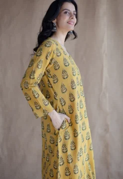 Anamika Mustard Ajrakh Cotton A Line Kurta