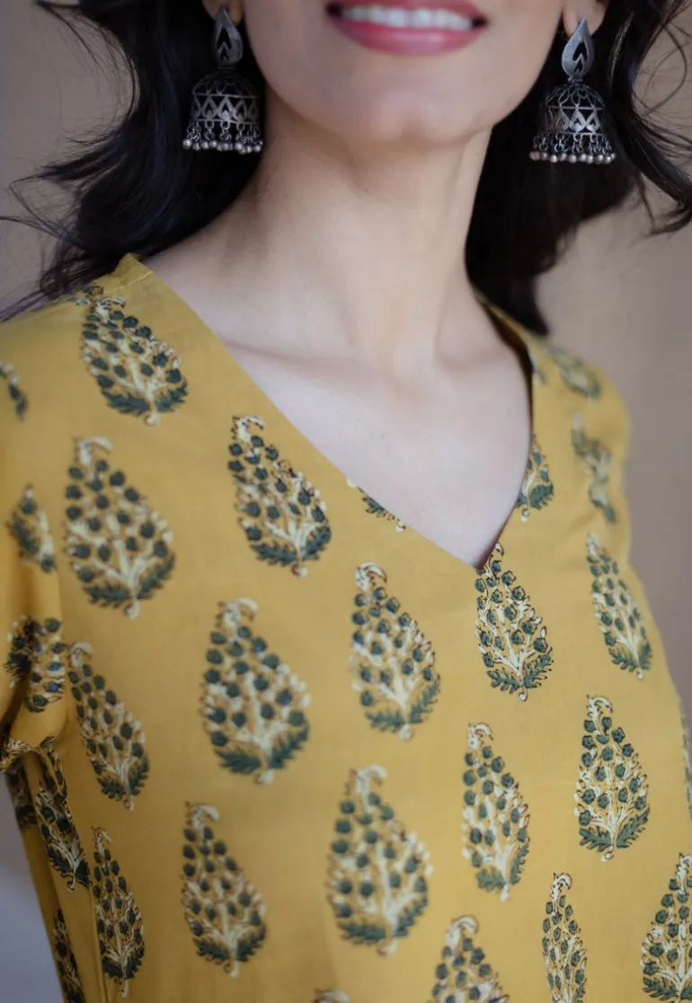 Anamika Mustard Ajrakh Cotton A Line Kurta