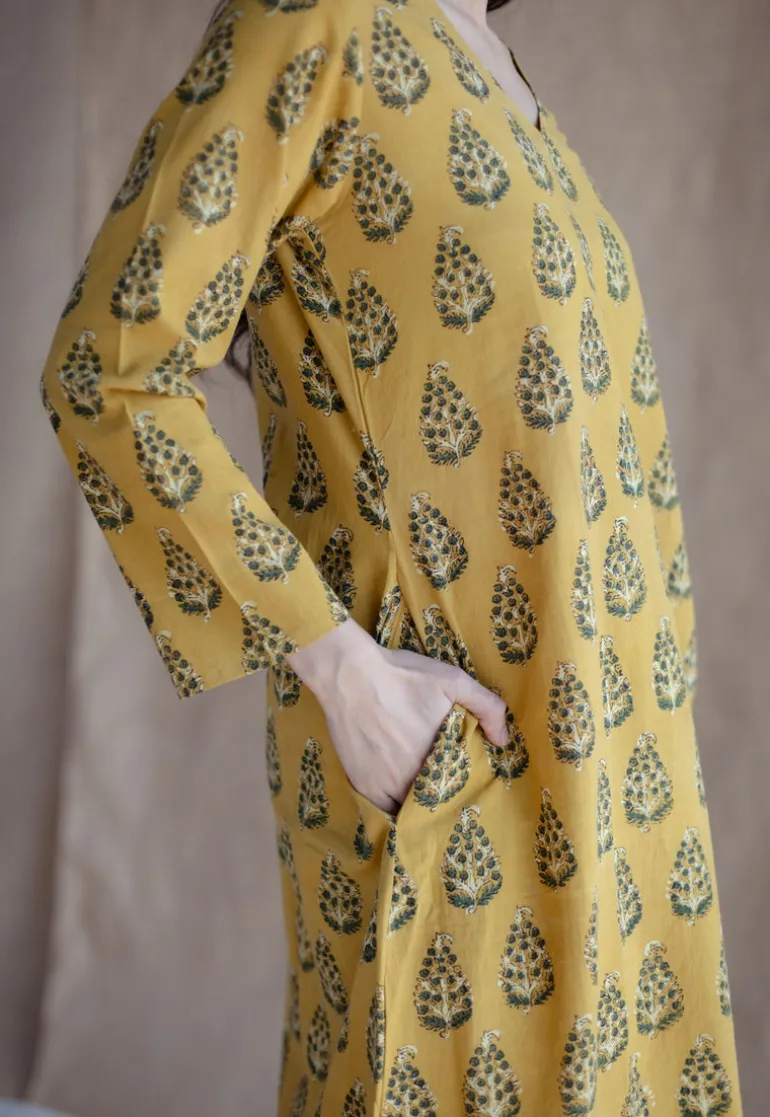 Anamika Mustard Ajrakh Cotton A Line Kurta