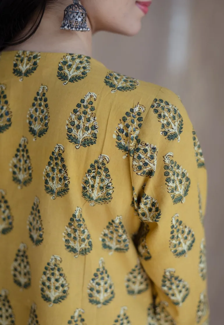 Anamika Mustard Ajrakh Cotton A Line Kurta