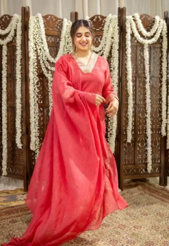 Anika Crimson Straight Chanderi Silk Gota Patti Kurta Set with Embroidery (Set of 3)