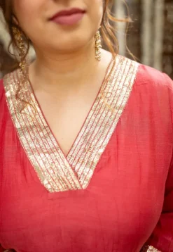 Anika Crimson Straight Chanderi Silk Gota Patti Kurta Set with Embroidery (Set of 3)