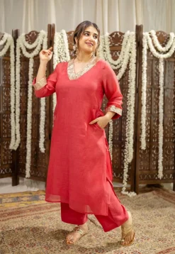 Anika Crimson Straight Chanderi Silk Gota Patti Kurta Set with Embroidery (Set of 3)