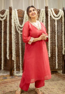 Anika Crimson Straight Chanderi Silk Gota Patti Kurta Set with Embroidery (Set of 3)