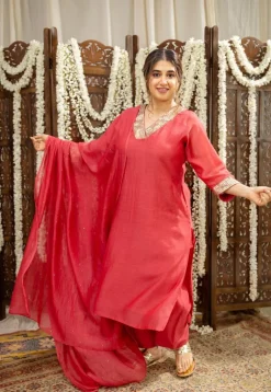 Anika Crimson Straight Chanderi Silk Gota Patti Kurta Set with Embroidery (Set of 3)